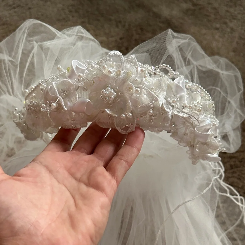 White Beaded Bridal Veil with Floral Applique